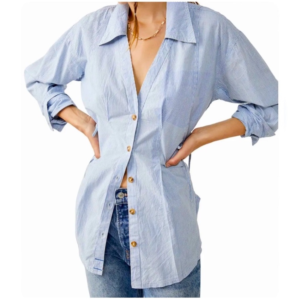 New FREE PEOPLE WTF Womens Marten Oxford Blue and White Pinstripe Cotton Shirt